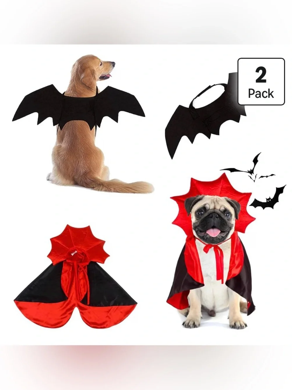 Pet Halloween Bat & Cape Costume Set for Dogs - Black and Red large